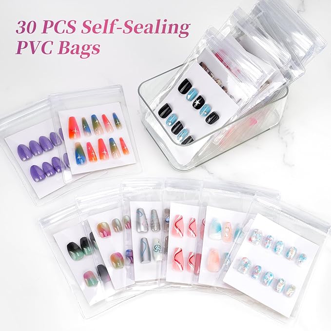 Press On Nail Storage Set,30 PVC Ziplock Bags, 30 Nail Art Cards, a Roll of Transparent Double-Sided Tape and an Acrylic Storage Box