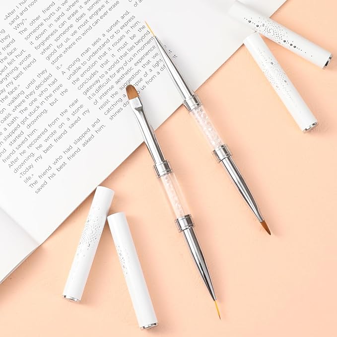 2 Pcs Double-Ended Builder Gel Brush, Hard Gel Nail Brushes Oval French Tip Brush, Liner Brushes for Nails, Rhinestone Handle Nail Drawing Brushes for Design Nail