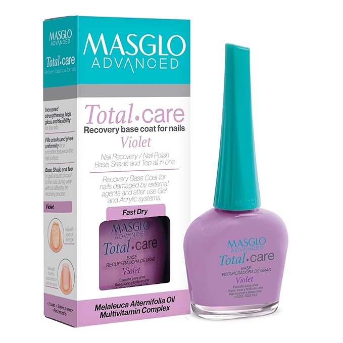 MASGLO Advanced Total Care Nail Strengthener – Post Gel Damage Recovery Treatment, 13-Free Vegan Fast-Dry Thickening Repair with Tea Tree Oil & Vitamins, Base Coat, Violet Tone & Shine (3in1)