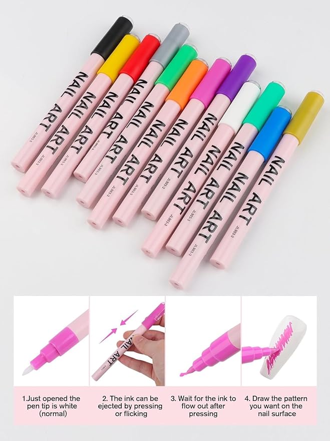 EBANKU 12 Color Nail Art Pens Set 3D 0.7MM Graffiti Acrylic Paint Nail Art Quick-Drying Nail Point Graffiti Dotting Liner Pen Sets for Home
