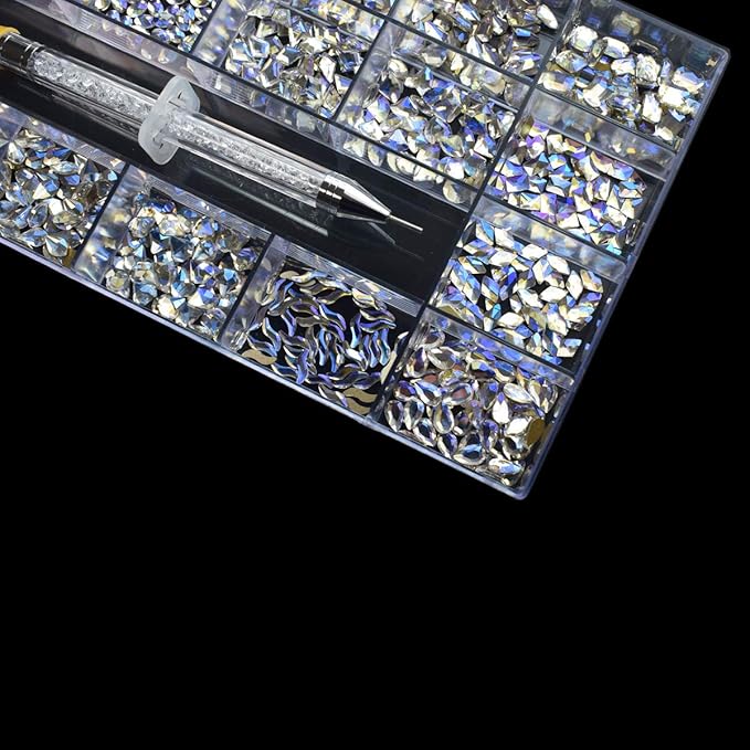 1000PCS Flat Back Gems 20 Shapes Crystal Rhinestones+1 Pick Up Pen Diamond-Shaped Rhinestone Luxury AB Glass 3D Crystals Decoration Gemstones Flat-Back Jewelry for Crafts Nail Art Shoes Bags DIY