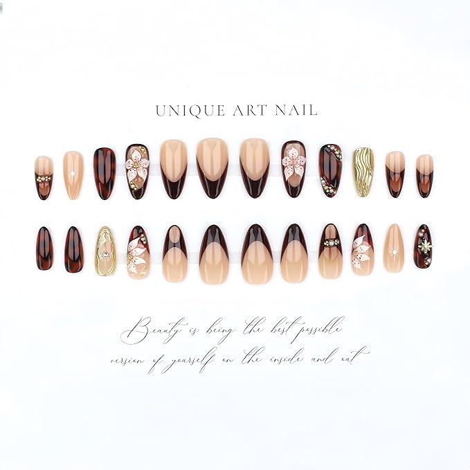 24Pcs Almond Press on Nails Medium Fake Nails with Brown Flower Designs French Nails 3D Gold Texture False Nails Star Press ons Pearl Jewelry Acrylic Nail Cute Stick on Nail for Women Manicure