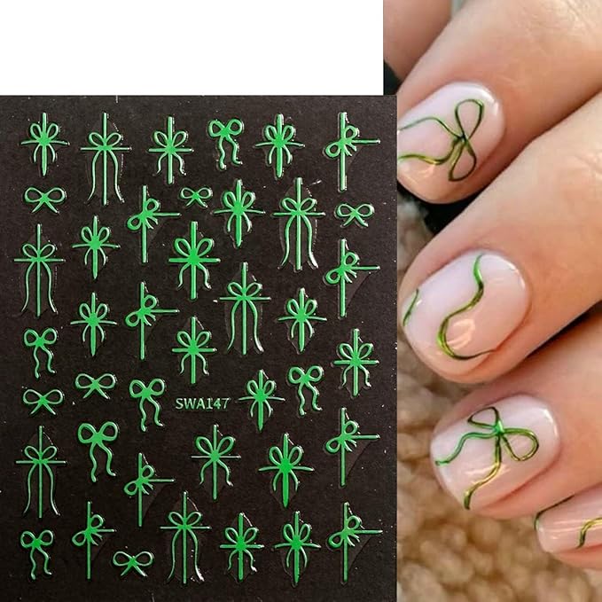 6 Sheets Bow Nail Stickers for Nail Art Christmas Nail Design Decals - Red,Green,Gold Bows Stickers for Nails,Christmas DIY Manicure Decor for Women Girls