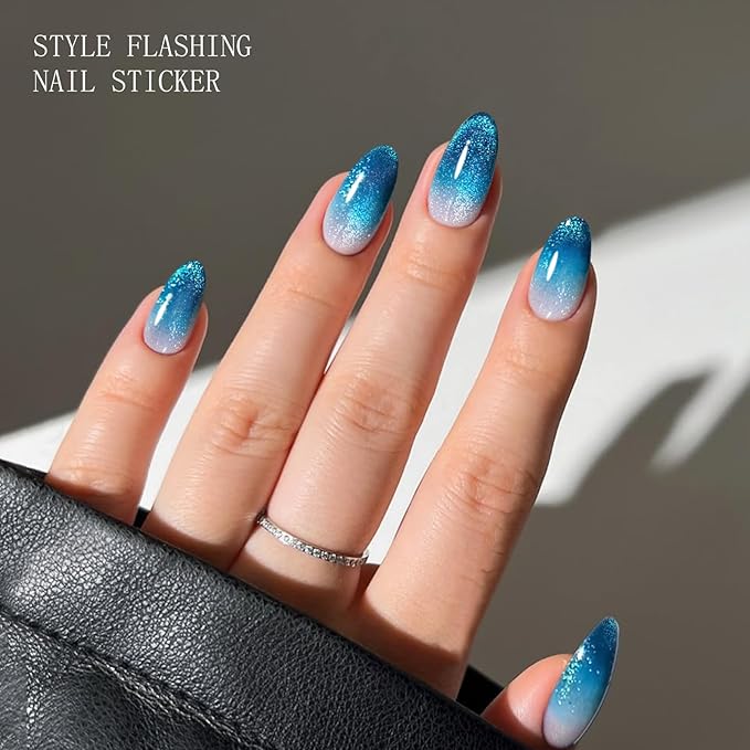JMEOWIO Gel Nail Stickers Blue Gradient Cat Eye Semi Cured Gel Nail Strips Wraps UV/LED Nails Art Design Decoration Accessories