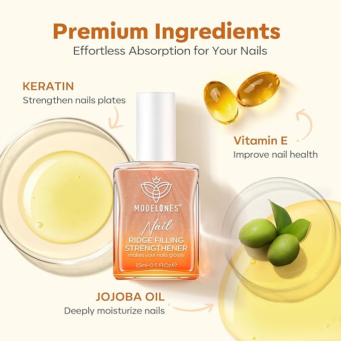 modelones Nail Strengthener 8-in-One Nail Repair for Damaged Nails Strengthener and Growth Nail Ridge Filler Glitter Nude Nail Polish 15ml
