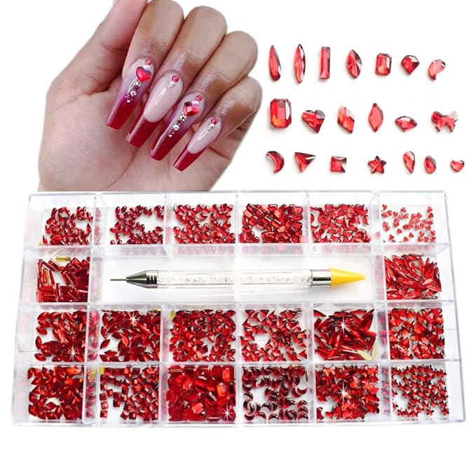 1000pcs Red Nail Rhinestones +1pc Dotting Pen 20 Shapes Flat Crystal Irregular Diamonds 3D Manicure Nail Art Decoration Charms Jewelry Gems Stones Beads For Nail Art Phone Shoes Decorations