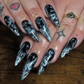 MISUD Press on Nails - Long Stiletto Fake Nails with Black, Acrylic Bling Silver Glitter Design 24 pcs