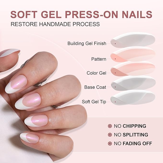 French Tip Press On Nails Short Almond Fake Nails with Glue Reusable Stick On Nail in 16 Sizes Glue On Nail 32 Pcs, Fantasy French Tip