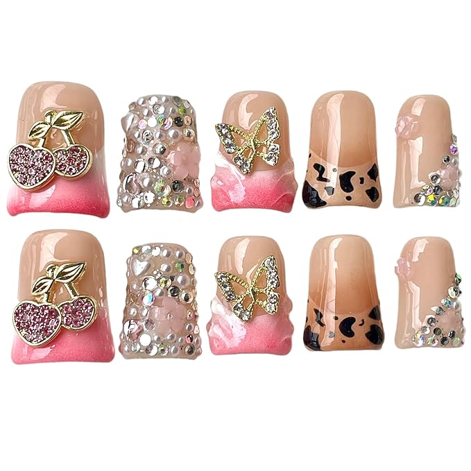 Handmade Press on Nails Short Duck Shape - Leopard Print & Full Diamond Cherry Design, Pink Acrylic Reusable False Nails with Gold Leaves & Butterfly, Unique 3D Nail Art Set (Jewel Orchard, S)