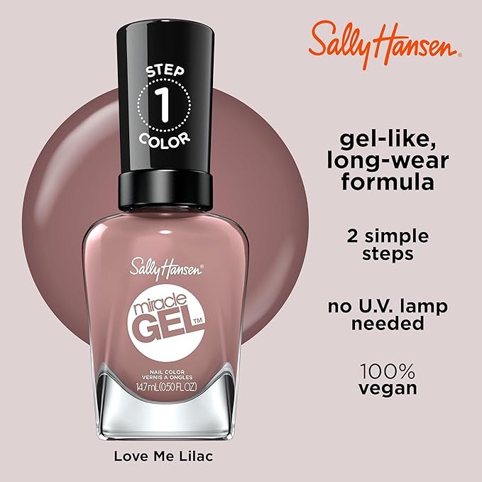 Sally Hansen Miracle Gel Salon Quality Nail Polish | Gel-Like Formula, Two-Step System, No UV Light Needed, Long Lasting | Semi-opaque | 494 Love Me Lilac | Dusty Lilac Nail Polish
