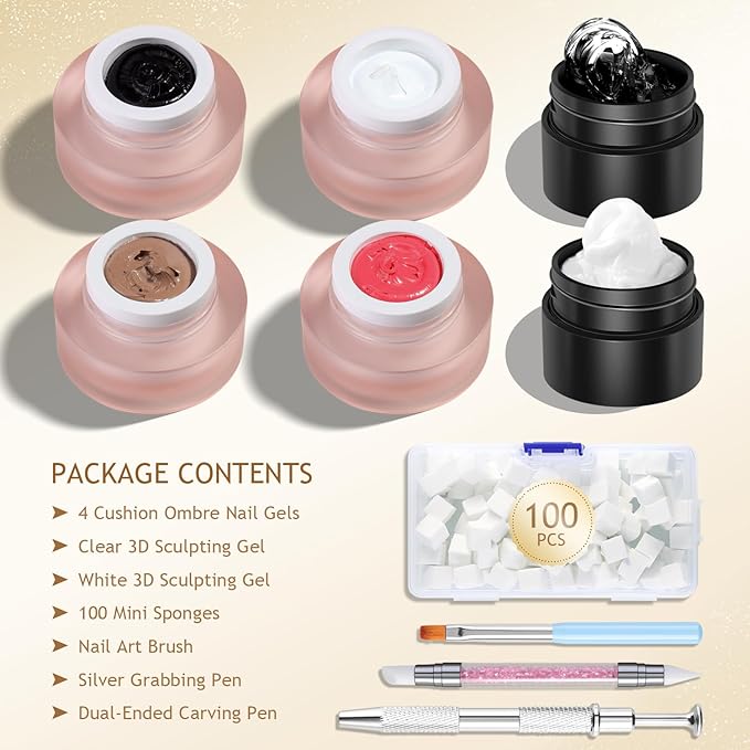 Cushion Ombre Nail Art Gel Kit with 3D Sculpting Gels, 4 Colors Gradient Painting Gel Polish Set with 100 Sponges, Brush & Carving Pen, Aura Nails DIY Home Manicure Salon Supplies