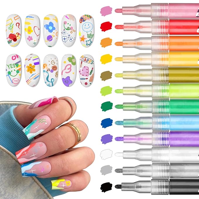 12 Colors Nail Art Pens Set, Nail Art Markers Polish Pens for Painting Nails, Acrylic Paint Drawing Painting Dotting Markers Pen Quick Drying Nail Art Design Manicure Tools