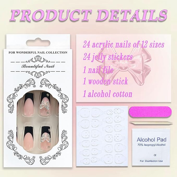 24Pcs Black French Tip Press on Nails Square Long Fake Nails Pink Full Cover Glue on Nails with Rhinestones Butterfly Charm Designs Acrylic Artificial Nails Glossy Stick on Nails for Women Girls