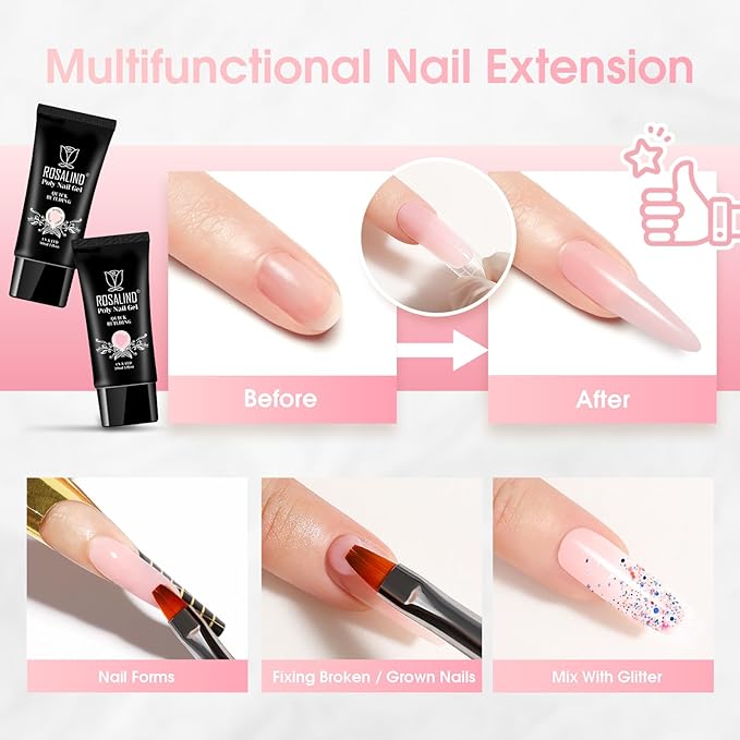 ROSALIND Soft Pink&Pearl Pink Extension Gel, 2 PCS 30ml Poly Nail Gel kit Nail Builder for Nail Art,Thickening Poly Nail Gel Tube Need UV Lamp