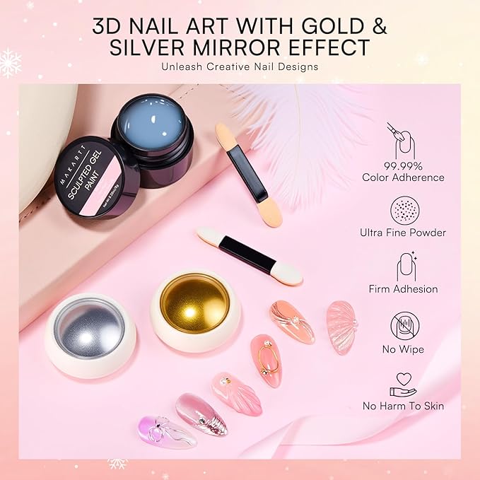 Makartt 3D Gel Nail Art & Chrome Nail Powder Kit: Clear 3D Sculpting Gels for Chrome Powder, 3D Painting No Wipe for Gel Polish, 3D Gels with Gold Silve Nails Chromes for Nails Art Home & Salon DIY