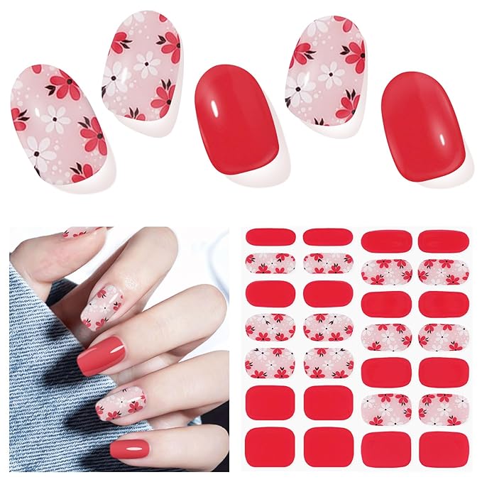 Semi Cured Gel Nail Strips (Red), 28 pcs Gel Nail Stickers, Work with Any UV Lights, Long-Lasting NailWraps for Women DIY Gift, Salon-Quality, Easy to Apply & Remove