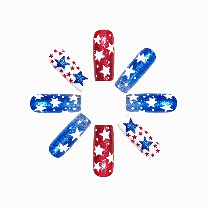 MISUD Press on Nails - Long Square Fake Nails with Red Blue Star, Acrylic 4th of July Design 24 pcs