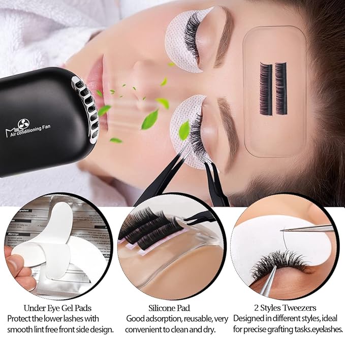 Eyelash Extension Supplies Kit with Individual Lash 0.07D Curl Mix 7-15mm USB Lash Fan Dryer Gel Patch Silicone Holder Pad Tweezers Mirror Disposable Mascara Brush Mini Applicator Glue Ring Tapes