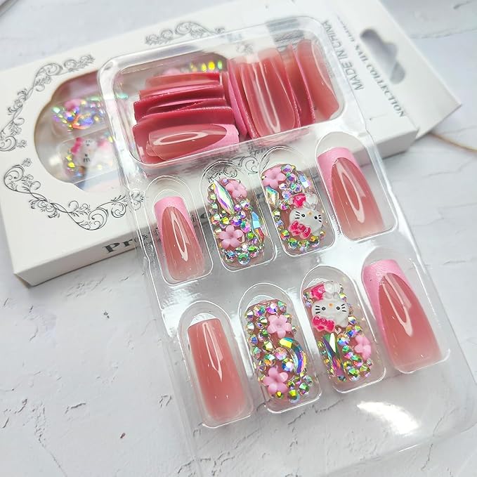 24Pcs Glitter Pink French Tip Press on Nails Medium Length Square Fake Nails with 3D Rhinestones Flower Cute Cat Full Cover Coffin False Nail with Charms Designs Acrylic Nail for Women
