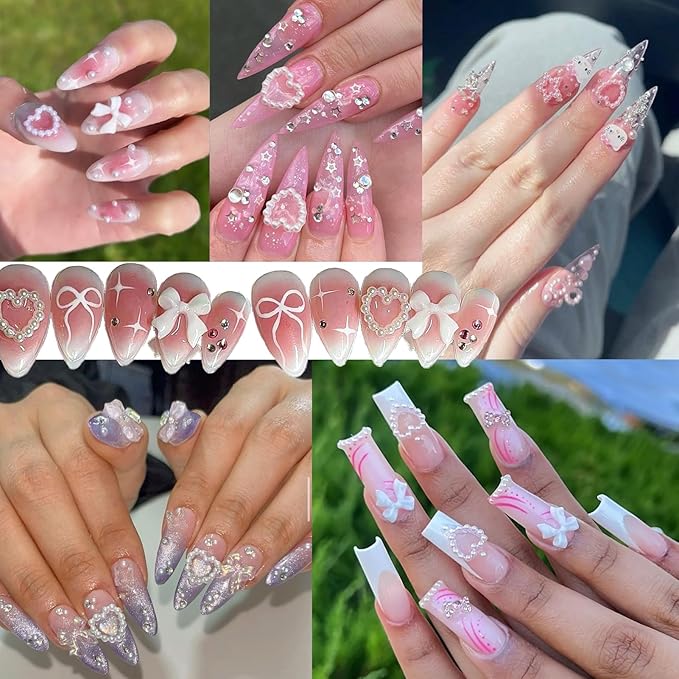 3D Nail Charms and Gems Kit Cute Colorful Bows for Nails Heart Moon Star Pearl Nail Charms with Picker Tools Kawaii Nail Art Charms for Nails Design Supplies Junk Cases DIY Decor Accessories