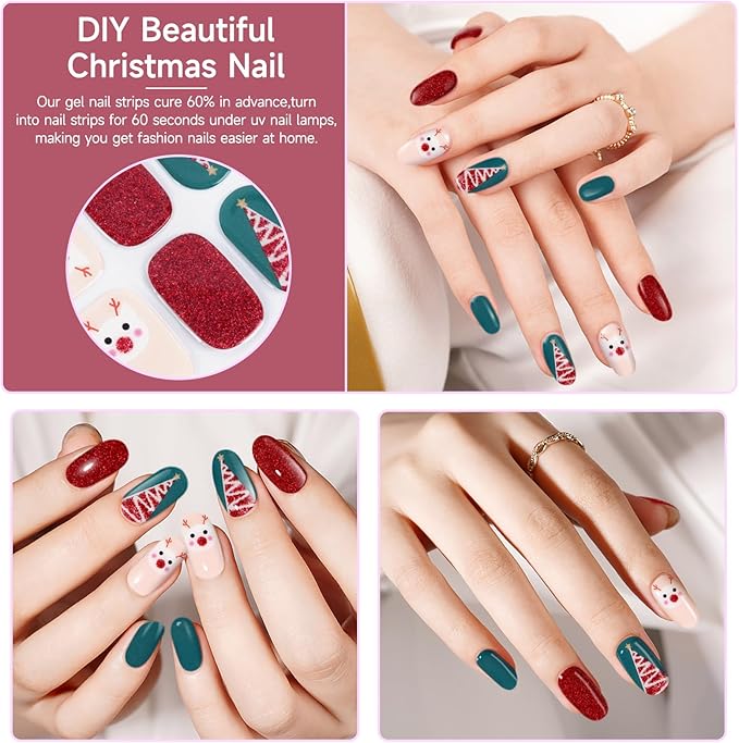 Semi Cured Gel Nail Strips,28 pcs Christmas Nail Stickers for Women,Long Lasting Gel Strips with Any UV Light,Red Green Christmas Sticker for Nails Easy to Apply