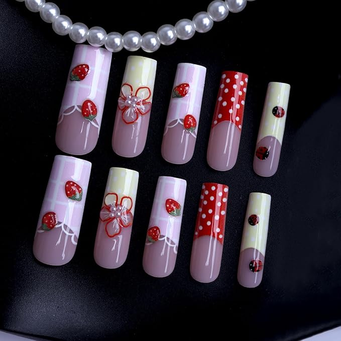 Long Square Press on Nails Fake Nails Artificial Nail Stick on Nail for Women Design with Pink Yellow Red & White Dots, 3D Strawberries, Flowers, Pearl Hearts and Cute Love Style