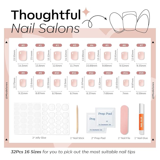 Modelones Extra Short Press on Nails, French Tips Squoval Fake Nails, Reusable Nail Kit with Nail Glue Adhesive Tabs Mini Nail File, Nails Press Ons 32Pcs 16 Sizes, White, Spring Women Girl Gift