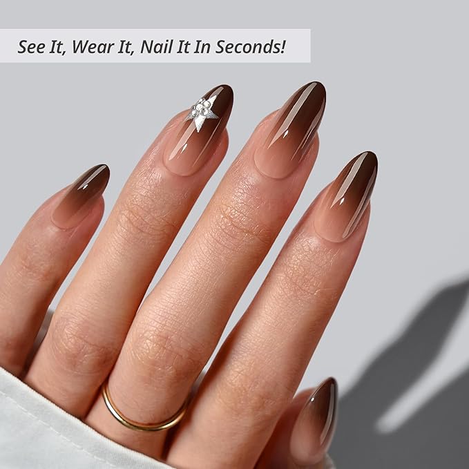 BTArtbox Press On Nails Medium - Starry Spice, Brown Almond Press On Nails with Glue and Adhesive Tabs for Women, Rhinestone Star Soft Gel Glue On Nails in 15 Sizes - 30 Stick On Nails Kit