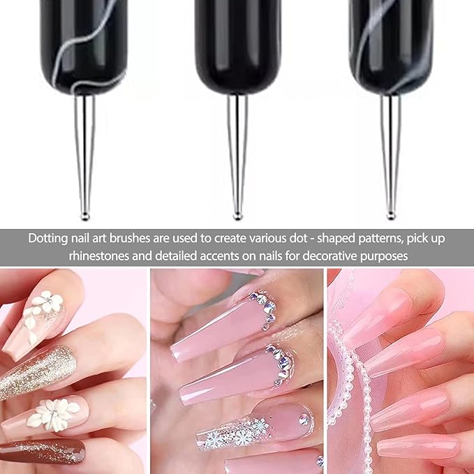 3Pcs Double Head Nail Art Brushes & Dotting Tools Kit (Black), French Tip Nail Brush Set, Builder Gel Nails, DIY Acrylic Nail Design Tool for Salon & Home Manicure Beginners/Artists