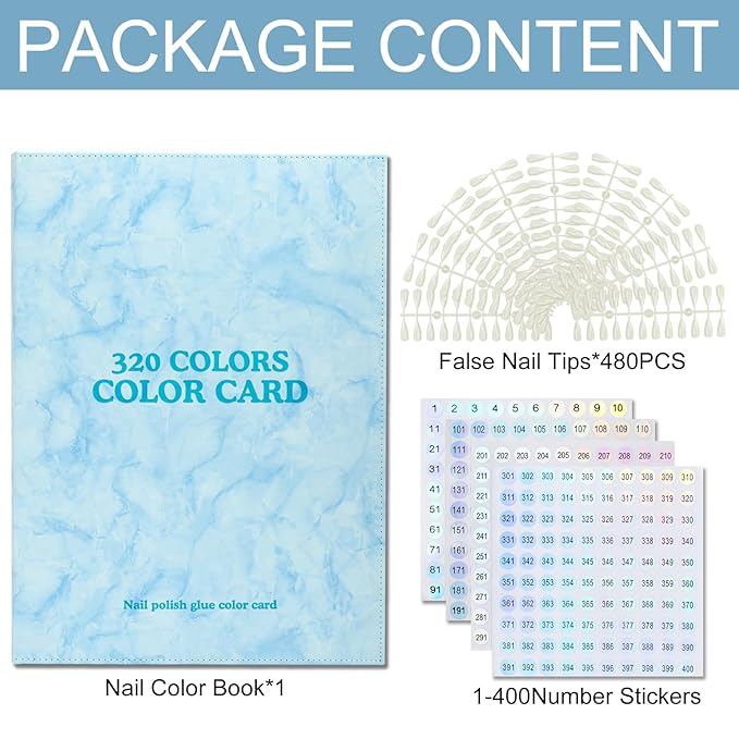 320 Nail Color Book,with 480 Flase Tips & 1-400 Number Sticker Labels,Leather Professional Nail Color Swatches Book for Polish UV Gel(Blue)