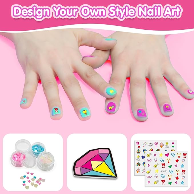 Amagoing Kids Nail Polish Set for Girls, All-in-One Nail Art Kit with Storage Box Ages 6-8, Non Toxic Peelable Nail Polish, Nail Dryer, Hair Clip, Girl Makeup Case Toys Birthday Gift for 5 6 7 8 9