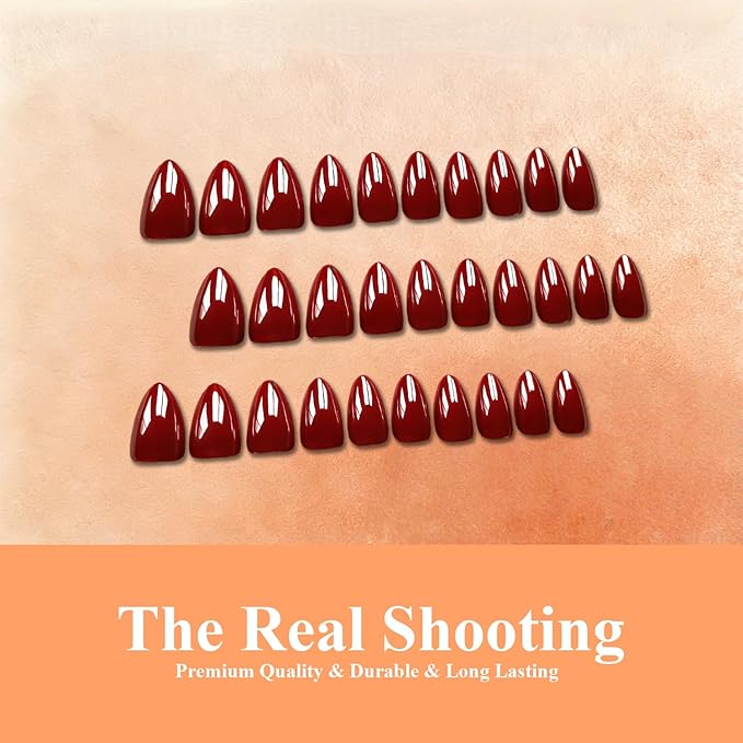 Chrome Wine Red Press on Nails Short Almond, Glazed Cute Fake Nails with Sparkle Mirror Design, Shiny Glitter Glue on Nails Stiletto, Burgundy Gel Nail Press ons with Glue for Fingernail 30 Pcs