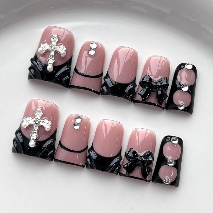 French Tip Press on Nails Handmade Short Duck 3D Thick Acrylic Nails Black False Nails with Bow Water Ripple Rhinestones Designs Gothic Glossy Fake Nail Sturdy Art Press on Nail 10Pcs(S)