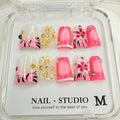 Handmade Press on Nails Short Duck Press on Nails with 3D Pearl and French Designs Stick on Nails Gradient Flower Acrylic Nails for Women Art Manicure (Size M）