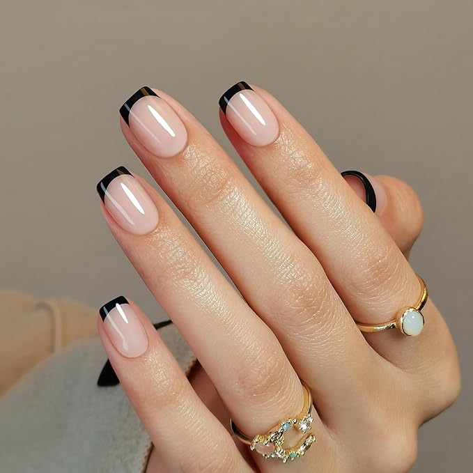 Black French Tip Press on Nails Square - SHANGMENG Soft Gel Press on Nails Short, Fit Perfectly & Natural Stick on Nails with Glue in 16 Sizes - 32 Reusable Fake Nails for Women Gift, Black French