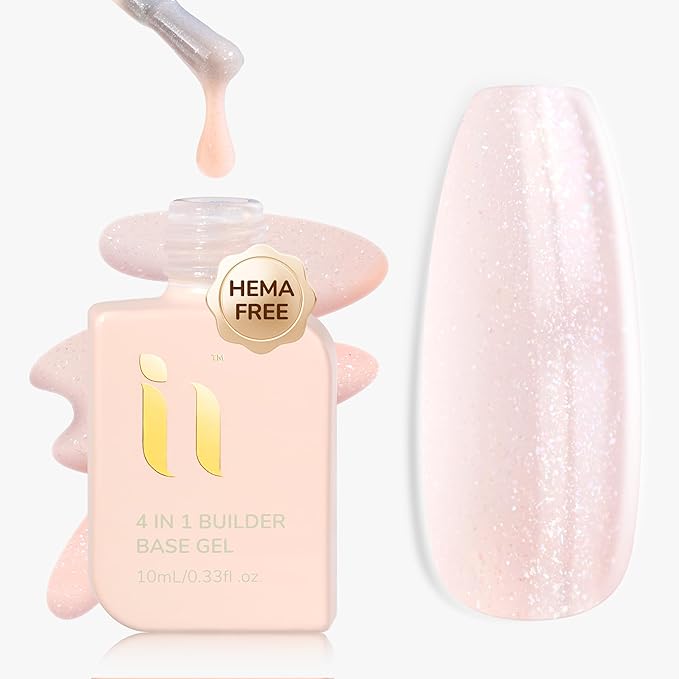 Rubber Builder Base Gel, Hema-Free Soak Off Shimmer Gel Reinforces Soft & Thin Nails, Curing Requires For Sensitive Nails
