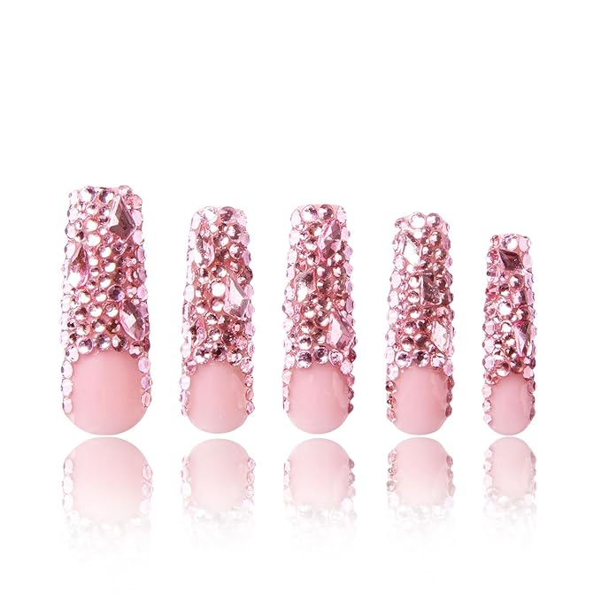 LOVFUL Press on Nails Pink French Tip Rhinestone| Handmade with Full Covered Crystals| Reusable Fake Nails| Square Mid length 1.7in| H27-M