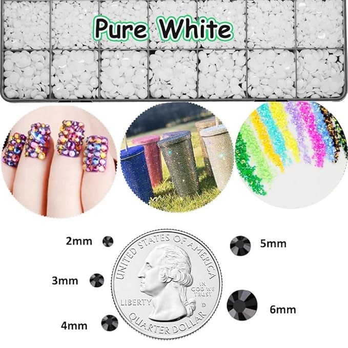 22000pcs Resin Rhinestones for Bedazzling, Pure White 2mm 3mm 4mm 5mm 6mm Flatback Beads, Non-Hotfix SS8 SS10 SS16 SS20 SS30 Gems for Crafting with 15ml Glue for DIY Crafts Nails