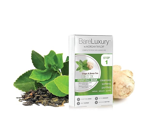Morgan Taylor BareLuxury 4-Step Complete Pedicure & Manicure Packs - Complete Nail Care Kit with Soak, Masque, Scrub & Massage Butter, Professional Spa-Quality Treatments (Detox Ginger & Green Tea)