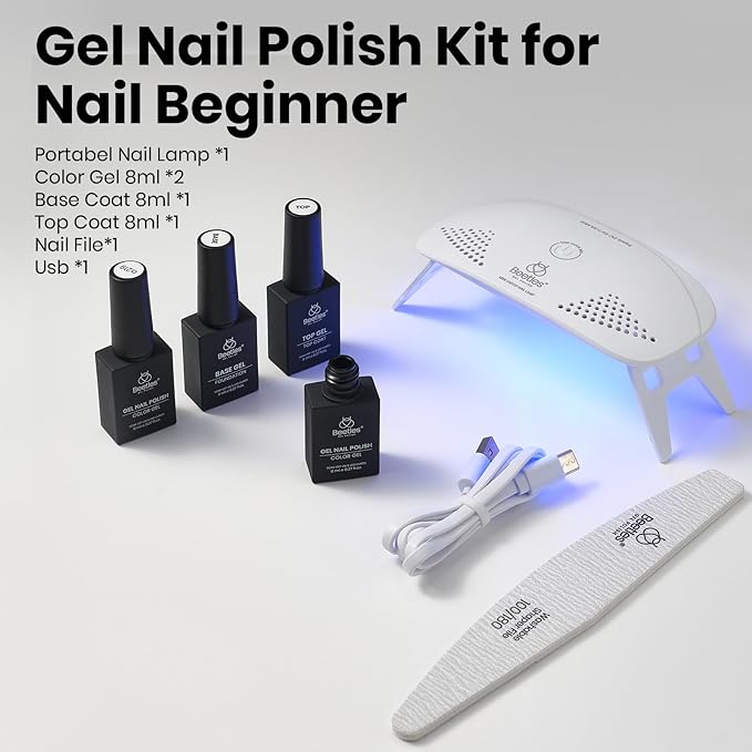 Beetles 2 Colors 8ML White Black Gel Nail Polish Kit with U V Light, 6 Pcs Gel Polish Set Classic DIY Manicure Kit with Base & Top Coat Nail File for Beginners Soak Off Gifts for Women Girls Teens