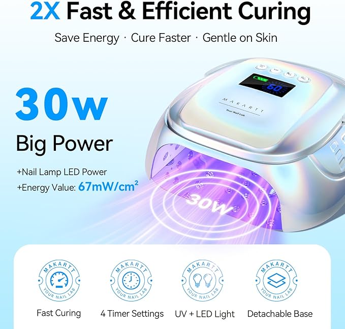 Makartt UV Nail Lamp – 30W Fast Curing UV Light with Handle Rechargeable Cordless Nail Dryer for Gel Nail Polish with 45 Beads Dual Lights 4 Timers LCD Smart Sensor for Nail Art Design(Plating Silver)