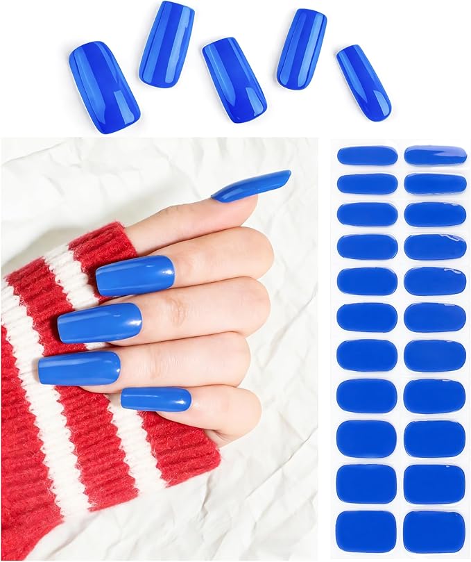 Semi Cured Gel Nail Strips Blue Solid Gel Nail Stickers with UV/LED Required Long Lasting Gel Nail Stickers Includes 22 Strips 2 Prep Pads, Nail File & Wooden Stick