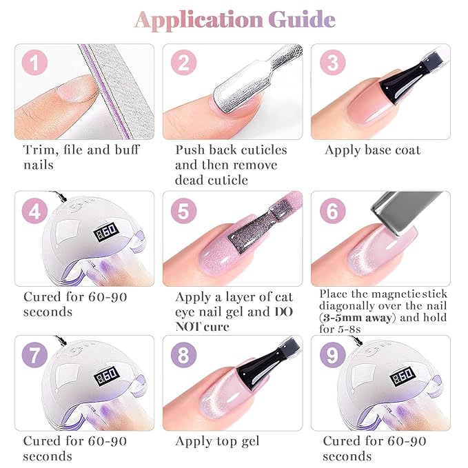 RARJSM Diamond Cat Eye Gel Nail Polish Set 6pcs Silver Pink Red Purple Blue Light Gold Glitter Sparkle Cateye Gelpolish with Magnet Stick Soak off Curing Requires Home Salon