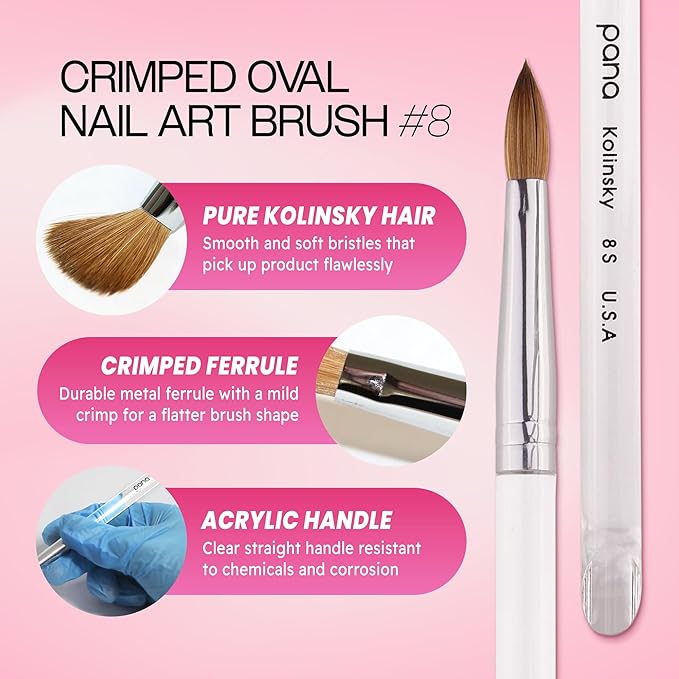 PANA Pure Kolinsky Hair Acrylic Nail Brush - Oval Crimped Clear Acrylic Handle (Size 8)