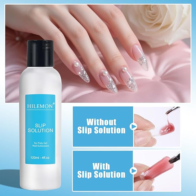 Poly Gel Slip Solution Set, 4Oz Liquid with Dual-Ended Spatula Brush Glass Cup Cotton Pad, Anti-Stick Liquid Brushes Cleaner for Nail Extension Gel