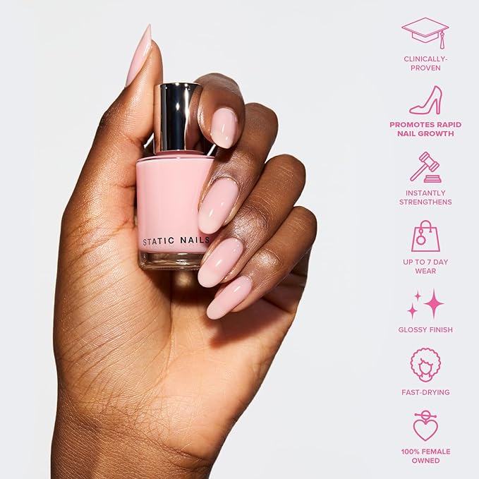 Static Nails 5-in-1 Rapid Growth Treatment Polish, Clinically Proven Hardener & Strengthener, Built-in Top & Base Coat, Quick Dry Formula, Repairs & Lengthens – Signature Pink (Light Pink) 0.4 Fl Oz