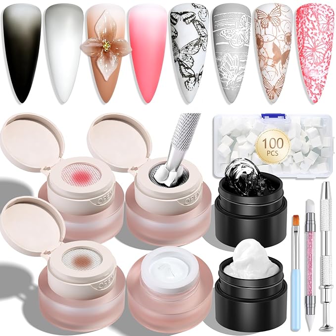 Cushion Ombre Nail Art Gel Kit with 3D Sculpting Gels, 4 Colors Gradient Painting Gel Polish Set with 100 Sponges, Brush & Carving Pen, Aura Nails DIY Home Manicure Salon Supplies