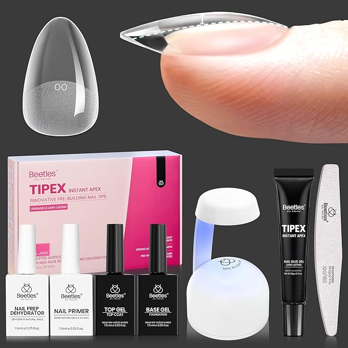 Beetles Tipex Instant Apex Nail Tips Kit – Almond Short, Pre-Etched, Thick Full Cover Acrylic Tips with Tipex UV Gel Glue, Dehydrator, Primer, Base & Top Coat, Mini UV Lamp, 224PCS in 16 Sizes