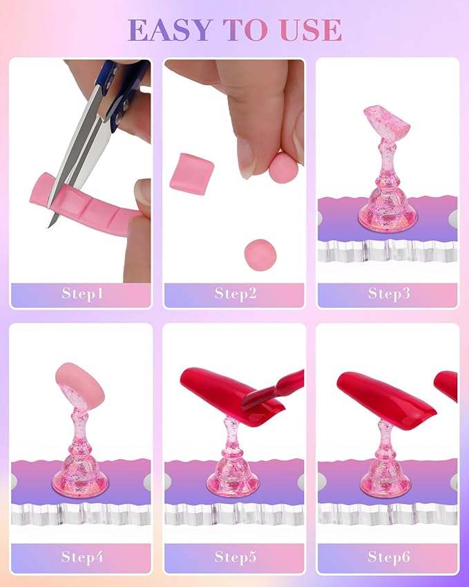 Nail Stand Acrylic Nail Art Display Stand Magnetic Nail Tips Practice Holder 54 Pcs Reusable Adhesive Putty for DIY Painting Nails Stand kit (Aurora Pink A)