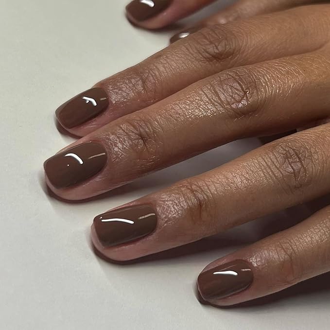 Brown Press on Nails Short Square - Natural Gel Glue on Acrylic, 48Pcs Thick Reusable Fake Nails for Women, Coffin Artificial New Solid Color